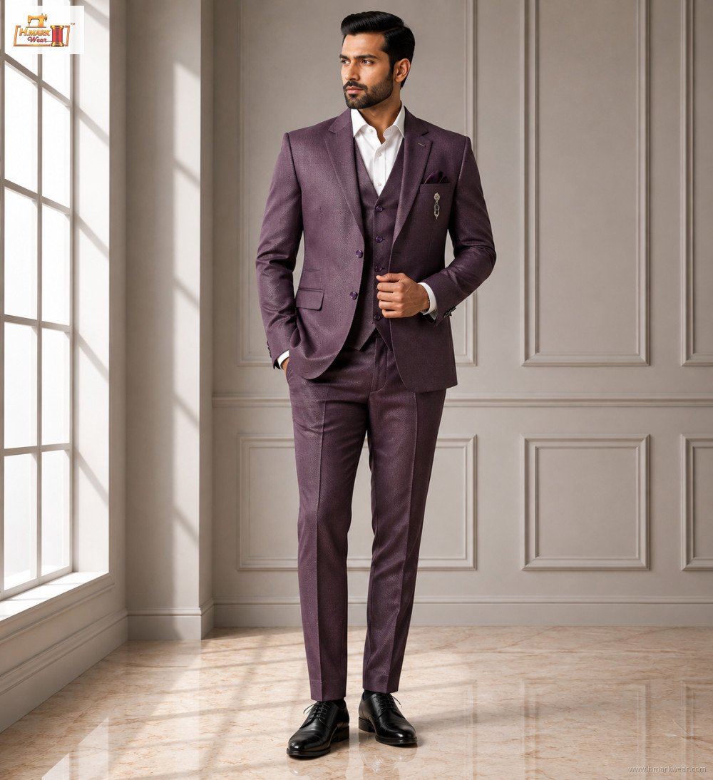 Men's Premium Plum Party Wear 3-Piece Suit Set