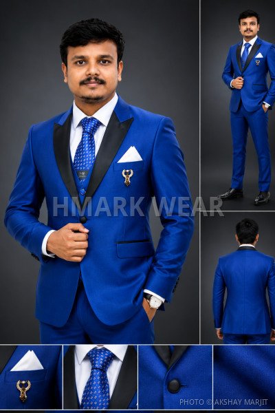 Men's Royal Blue Slim Fit Tuxedo Blazer | Contrast Black Shawl Lapel Party Wear