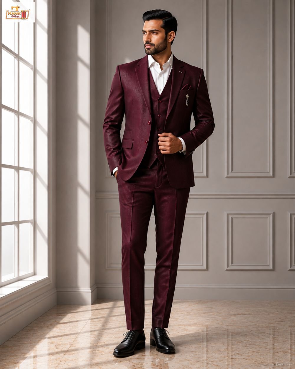 Men's Premium Plum Party Wear 3-Piece Suit Set
